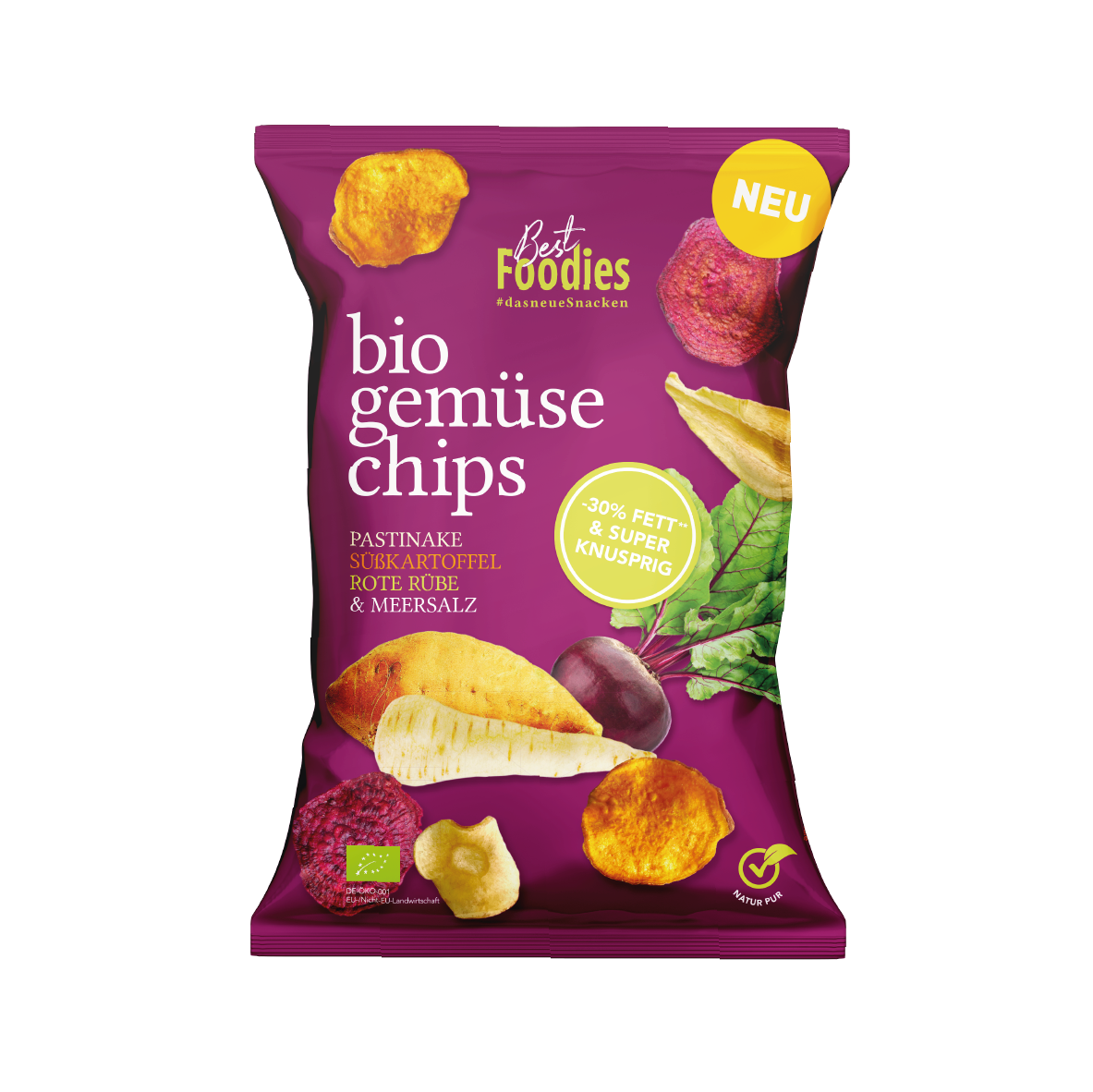 bio gemüse chips - Mix mit Pastinake, Süßkartoffel, Rote Rübe & Meersalz