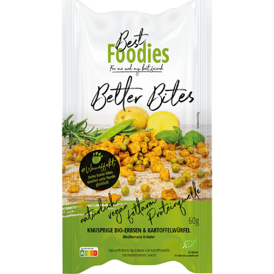 bio gemüse snacks - Better Bites, Erbsen & Kartoffelwürfel mit mediterranen Kräuter