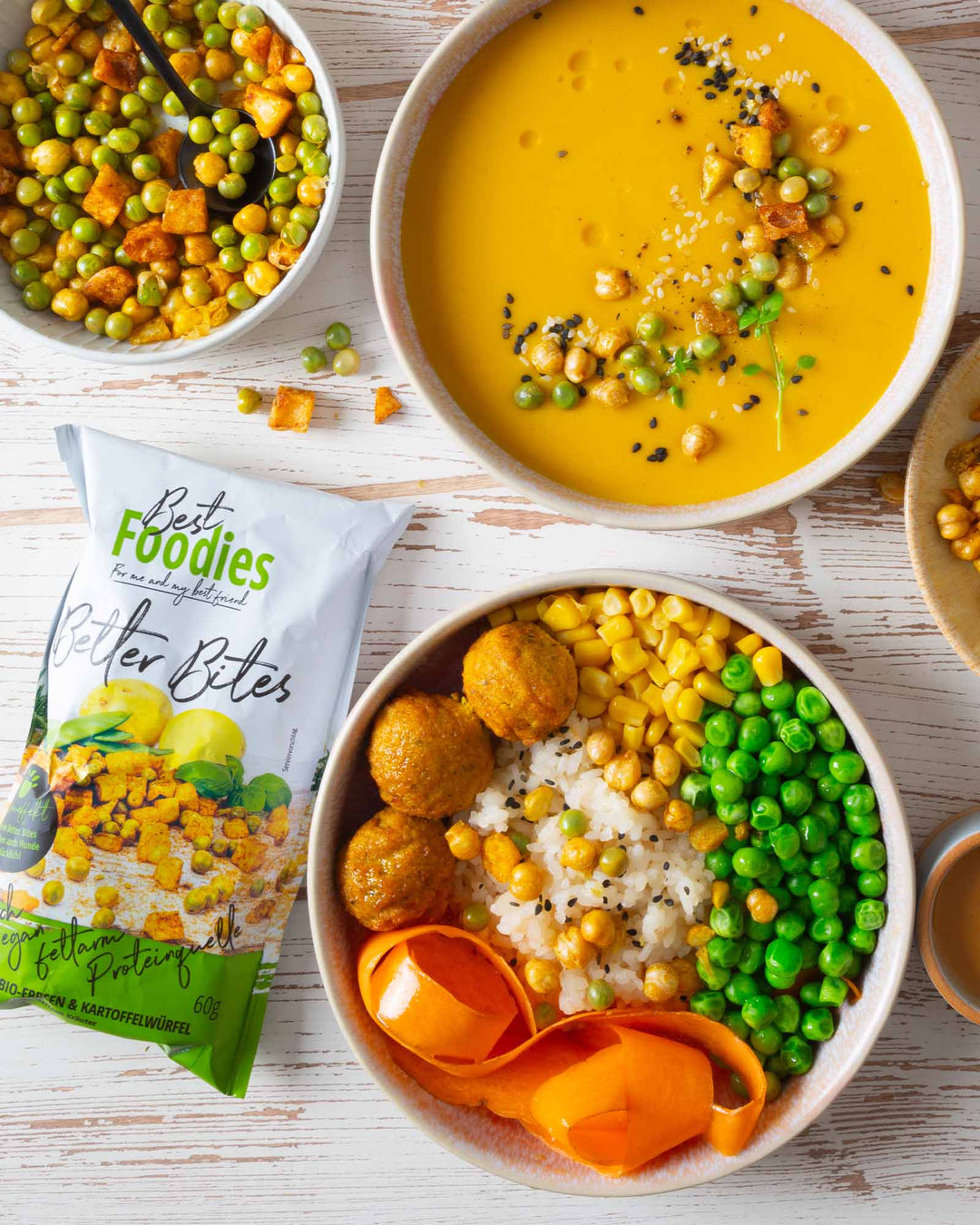 Best Foodies Better Bites mit Erbsen als Serviervorschläge auf Salat und Suppe