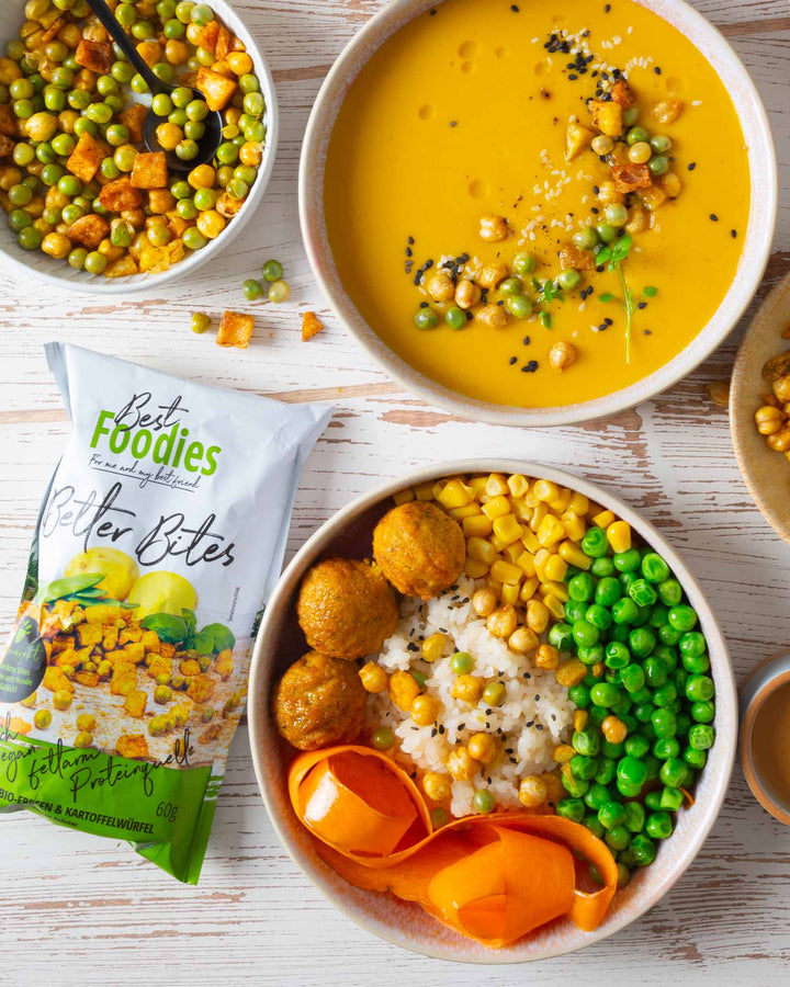 Best Foodies Better Bites mit Erbsen als Serviervorschläge auf Salat und Suppe