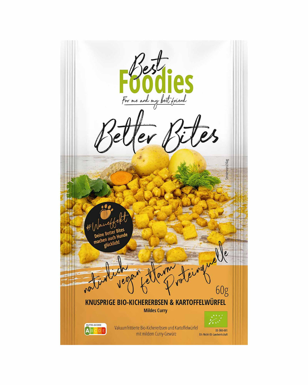 Best Foodies bio gemüse snacks - Better Bites, Kichererbsen & Kartoffelwürfel mit mildem Curry Packung