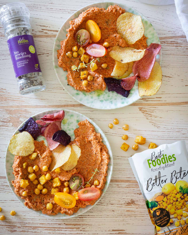 Best Foodies Better Bites mit Kichererbsen als Serviervorschlag mit Tomaten-Sonnenblumen-Dip