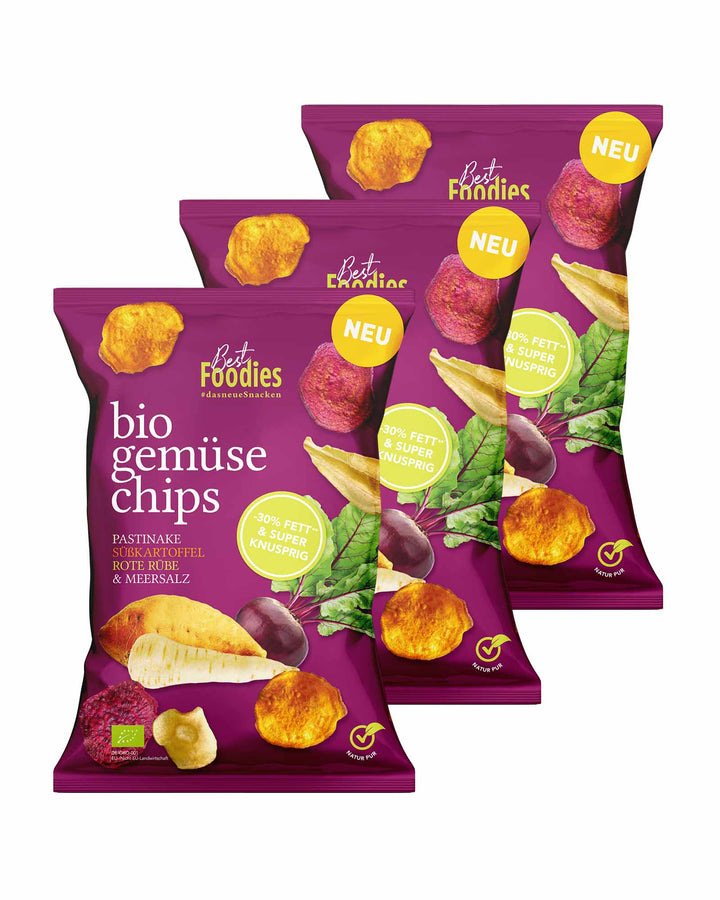 Bio Pastinake, Süßkartoffel, Rote Rübe Chips Mix – 3er Vorteilspaket