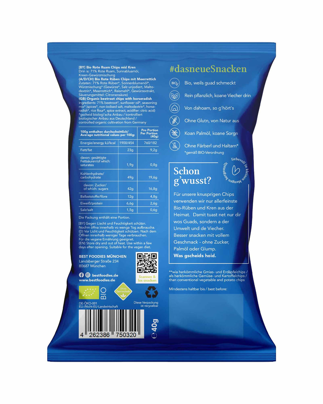 Best Foodies bio gmias chips - Rote Rüben mit Kren, Bayern Edition Packung Rückseite